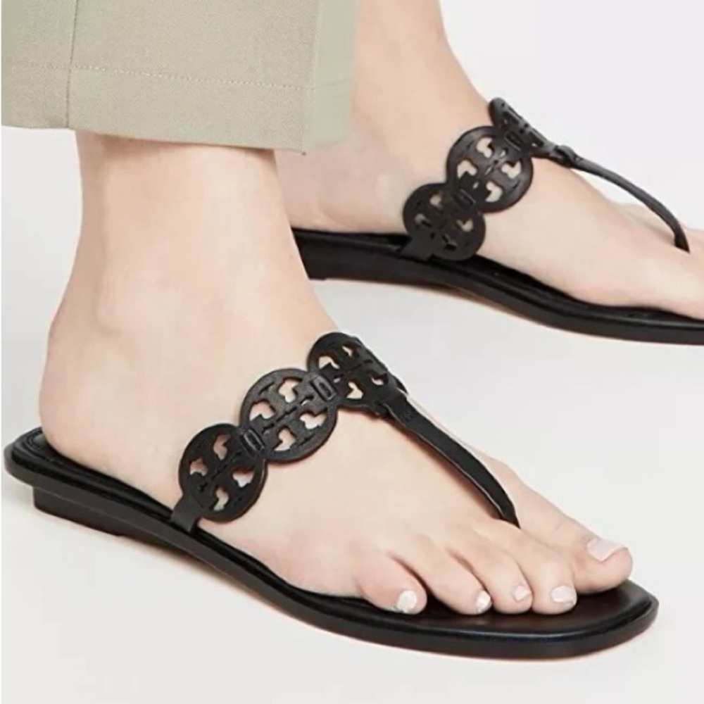 Tory Burch Black Flat Sandals with Chain Detail